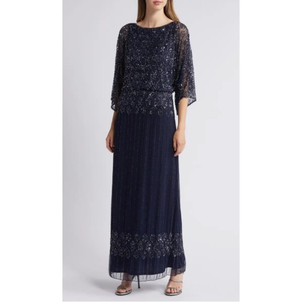 PISARRO NIGHTS Beaded Blouson Split Sleeve Gown Dress Size 2 Navy Blue NEW Party